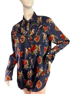 Rodeo Quincy Navy Silky Western Blouse Shirt Hearts Roses Cowgirls Print Size L